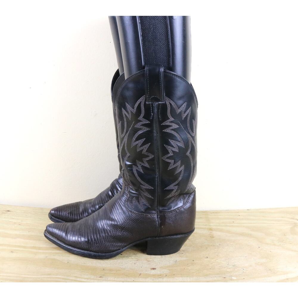 Vintage Justin Boots Mens 8.5B Black Brown Lizard Exotic Skin Western Cowboy USA